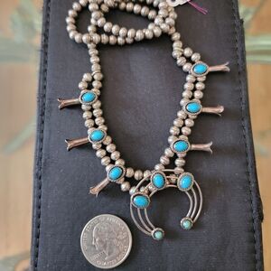 Authentic 20" Sterling Silver & Turquoise Squash Blossom Necklace